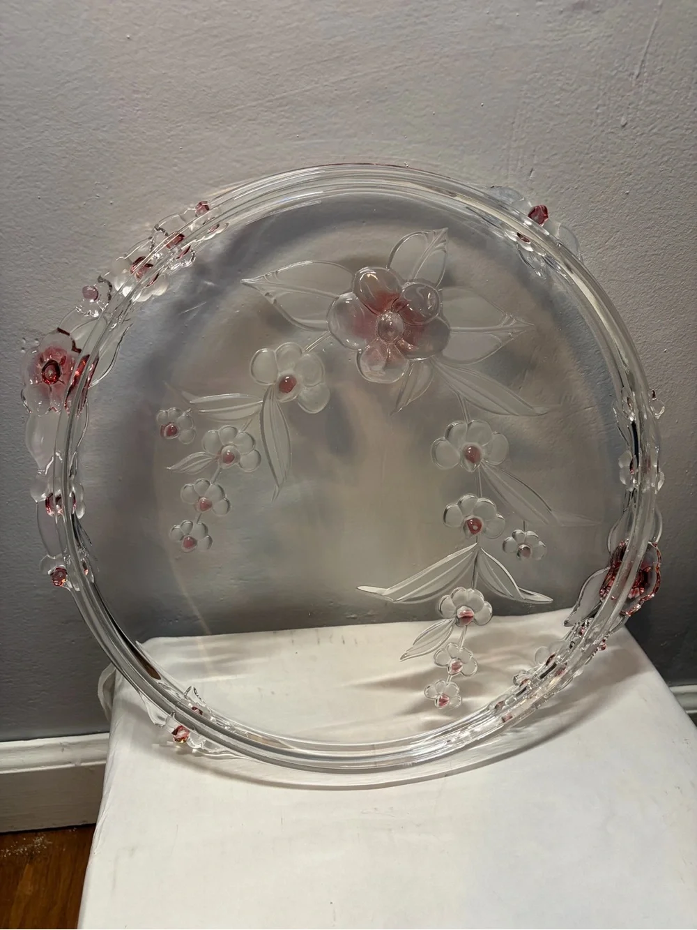 Vintage Mikasa Blossom Time Crystal Cake Platter Pink Floral 12.5”